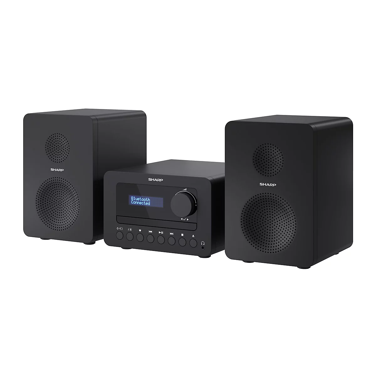Schwarze Sharp Hi-Fi-Stereoanlage mit zwei Lautsprechern und zentralem Player mit Digitaldisplay.