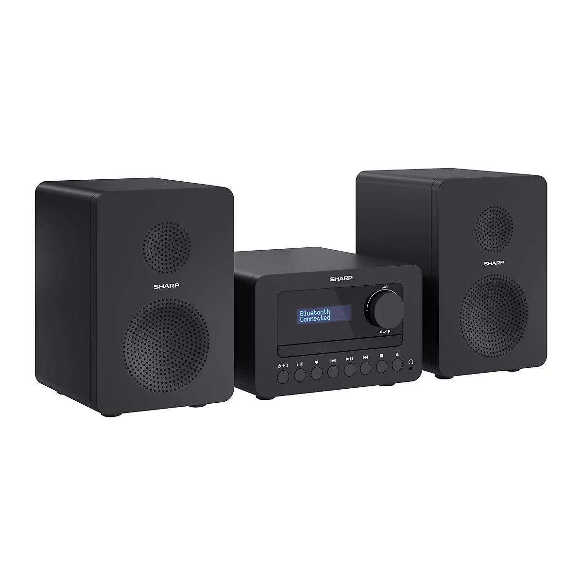 Schwarze Sharp Hi-Fi-Anlage mit zwei Lautsprechern und zentralem Display, das Bluetooth Connected anzeigt.