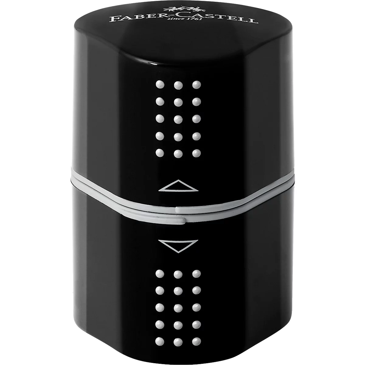Black pencil sharpener with white lettering and dots.