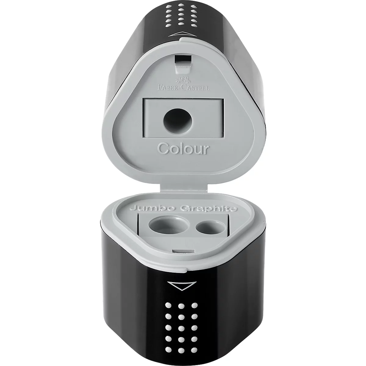 Black pencil sharpener with grey lid, opened. Inscription: Colour and Jumbo Graphite. The sharpener has openings for pencils.