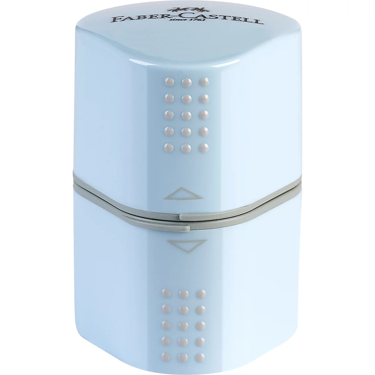 Light blue Faber-Castell sharpener case, with logo, arrows and rows of studs.