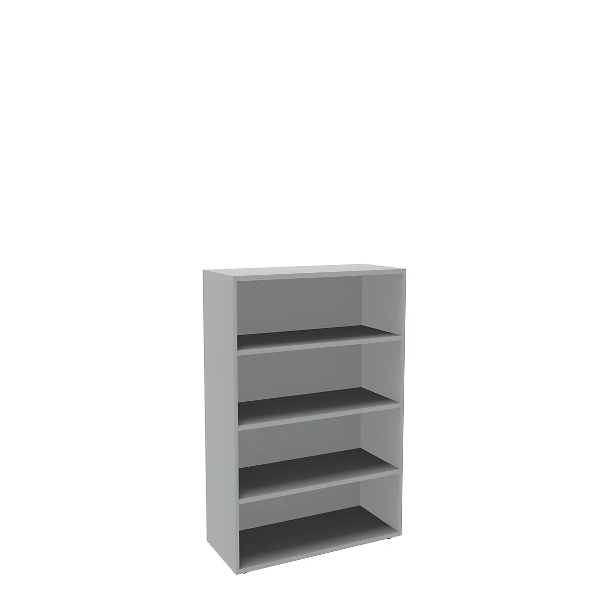 Gray bookcase with four shelves, against a white background.