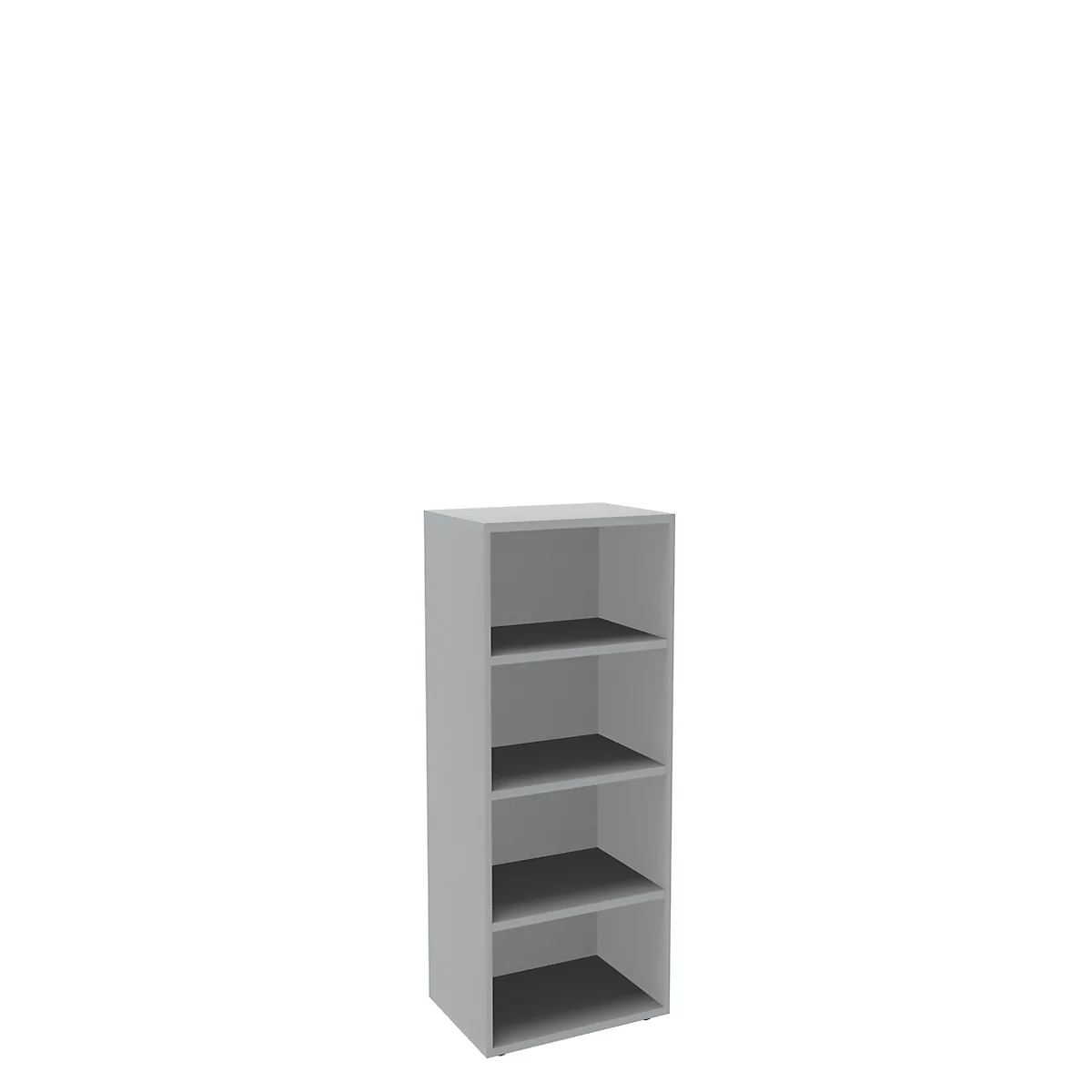 Gray, narrow shelf with four compartments. Simple design, isolated.