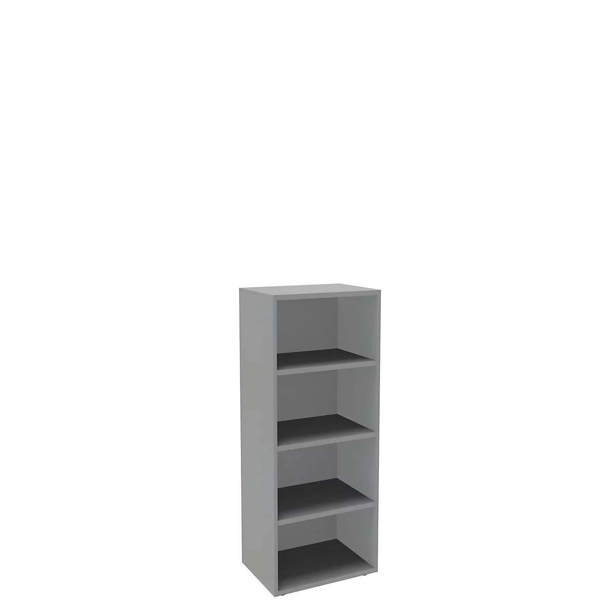 Gray shelf with four compartments, against a white background.