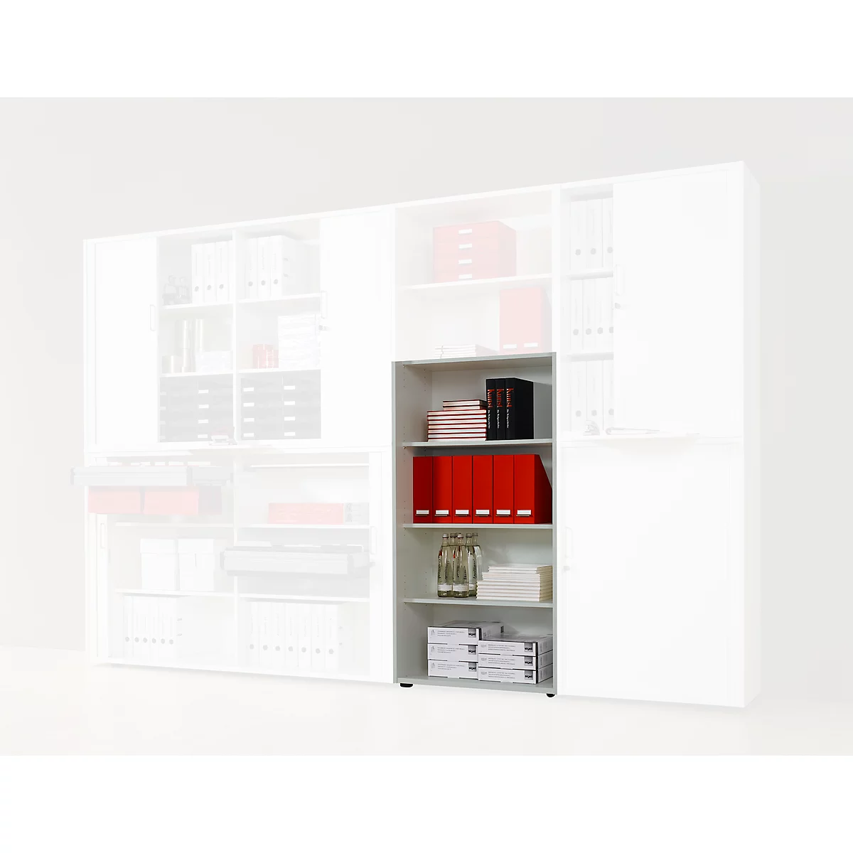Grey shelf with red and black folders against a white background. More files are on the shelves.