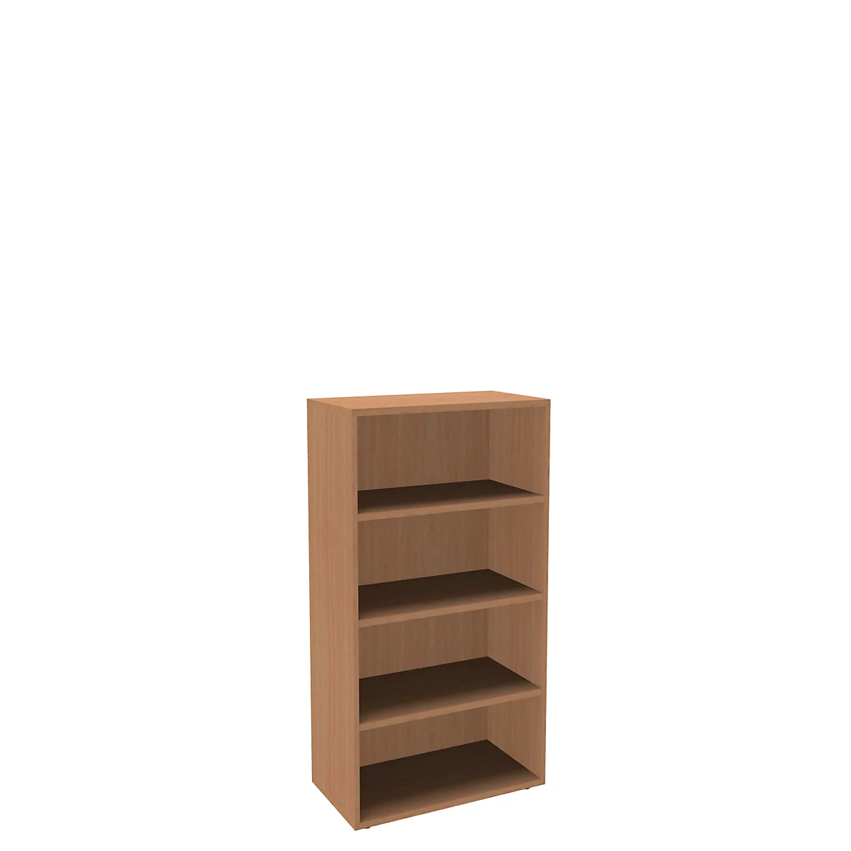 A brown bookcase with 5 shelves against a white background.