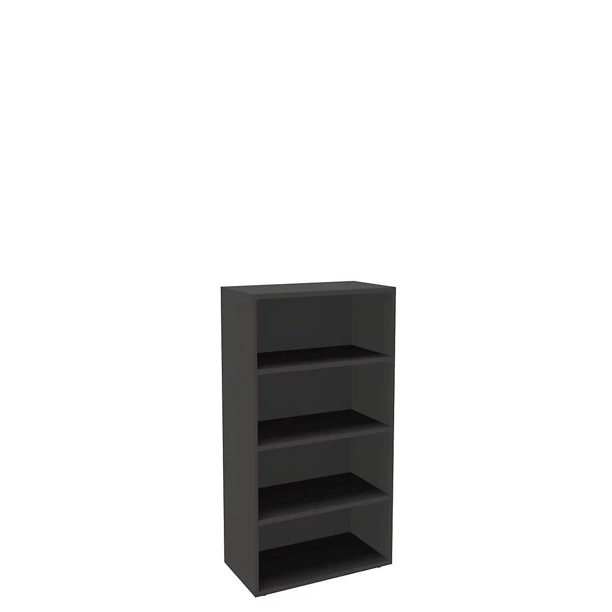 Dark grey bookshelf with five open compartments. Rectangular shape.