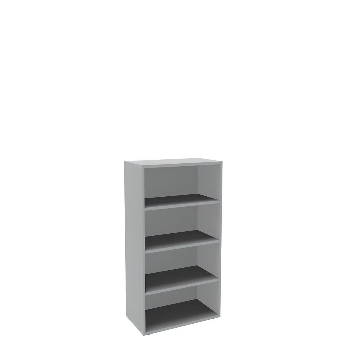 Grey bookshelf with four open compartments on a white background.