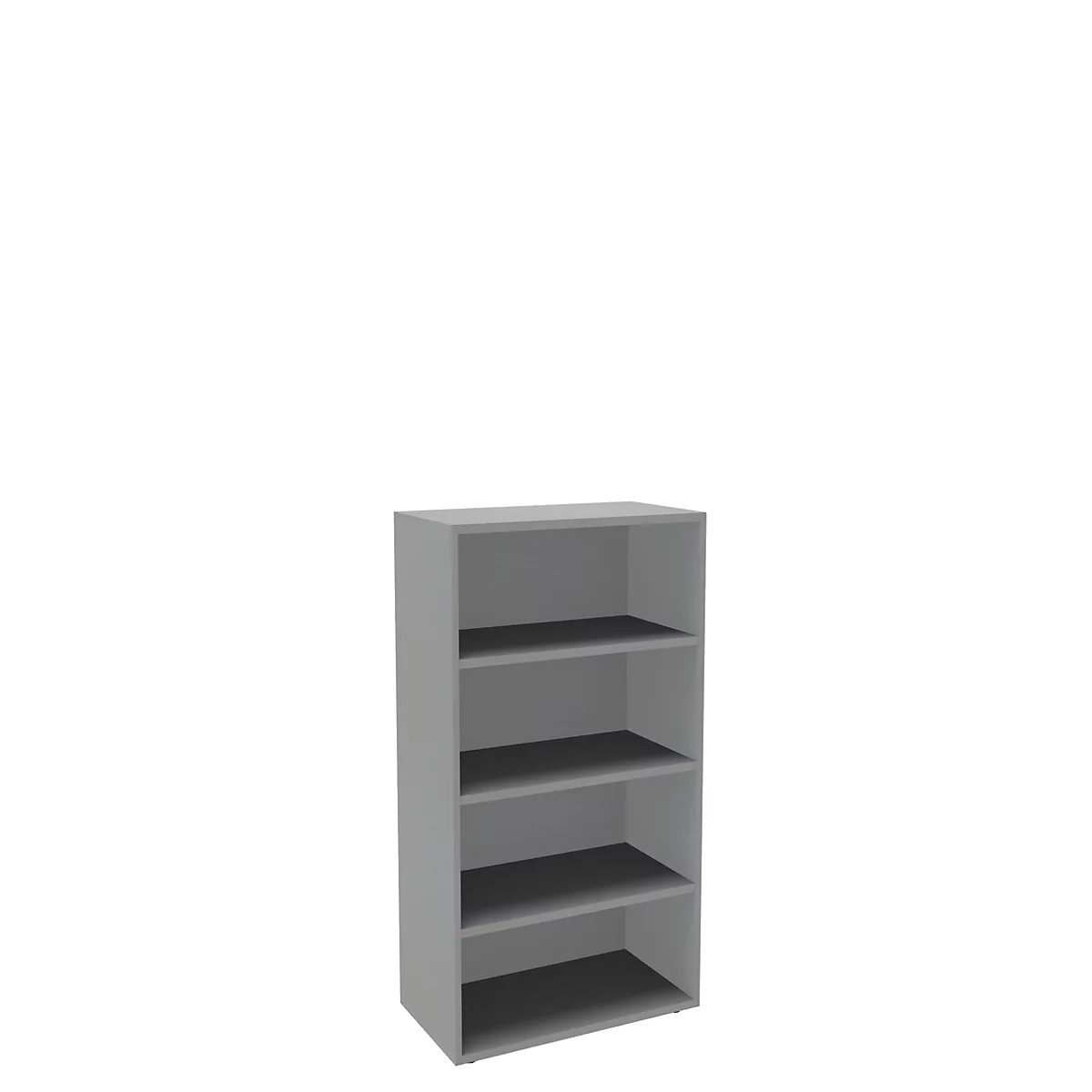 Gray bookcase with four compartments against a white background.