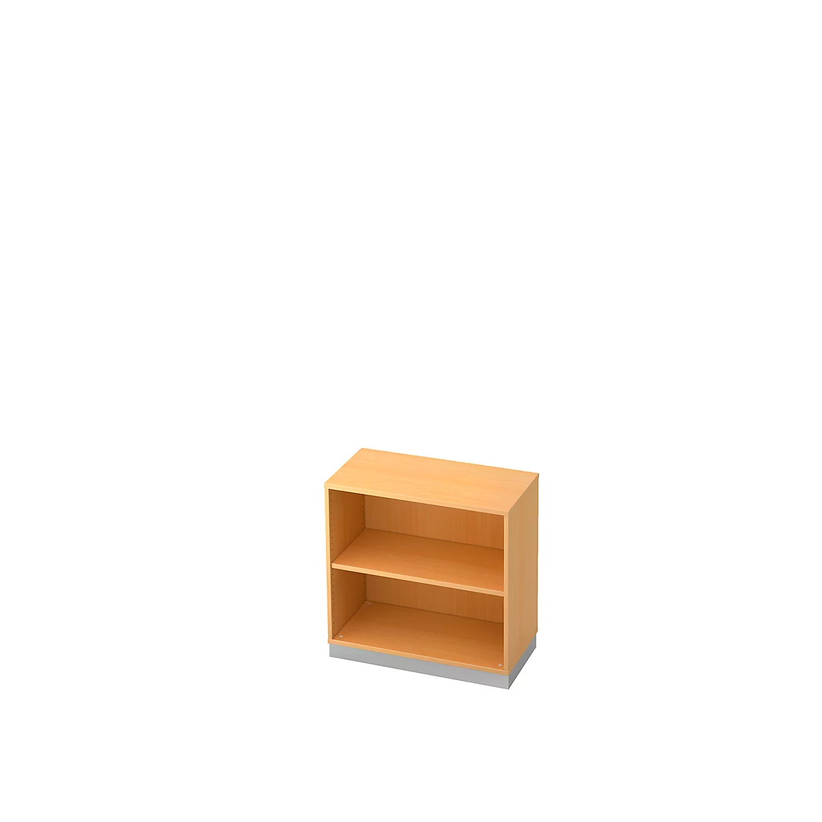A light-colored bookshelf with two compartments against a white background.