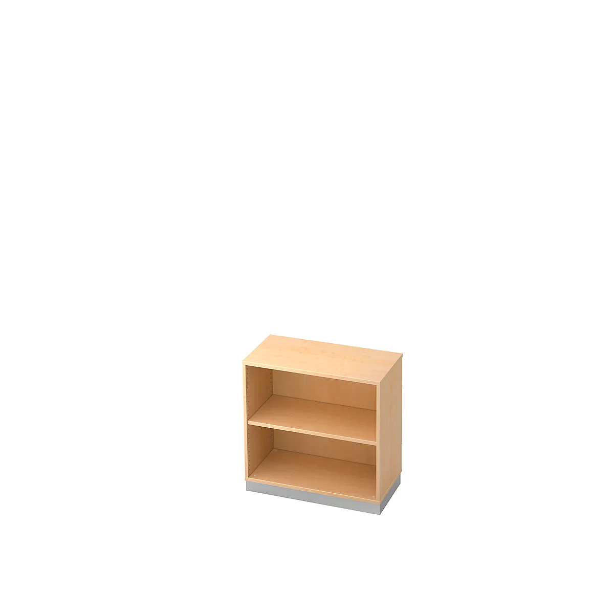 A light wood bookcase, two shelves, gray base, against a white background.