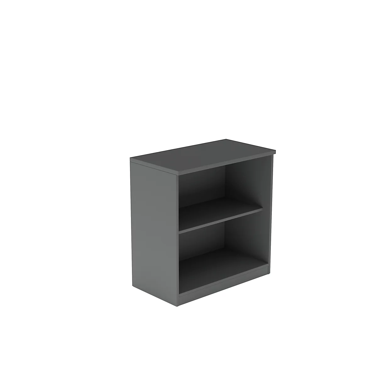 Grey bookshelf with two compartments. It stands against a white background.