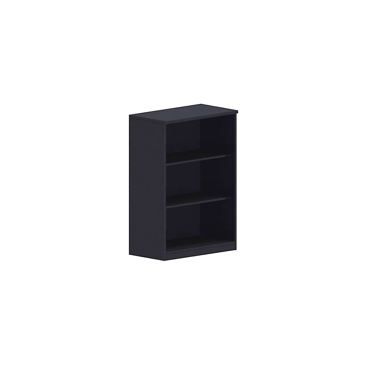 Dark blue bookcase with three shelves.