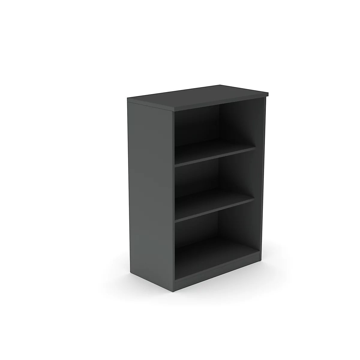 Dark gray bookshelf with three open compartments. It stands against a white background.