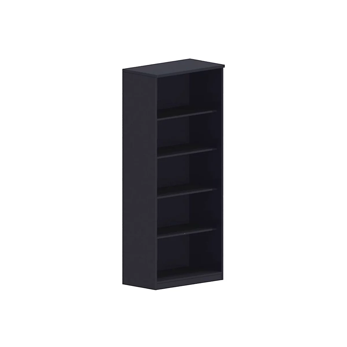 Dark blue bookcase with five shelves. Angular design, plain background.