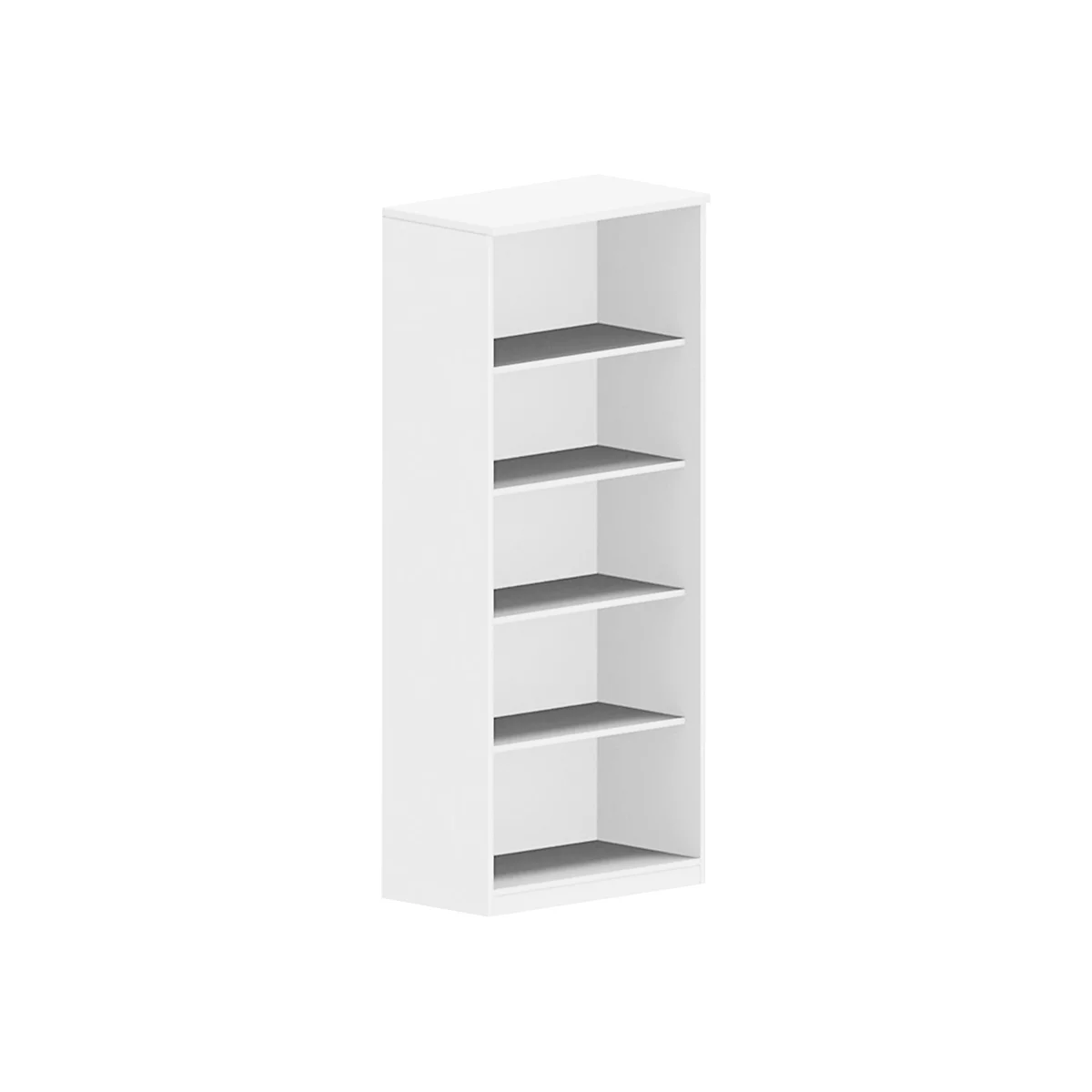 White bookshelf with five gray shelves. It stands against a white background.