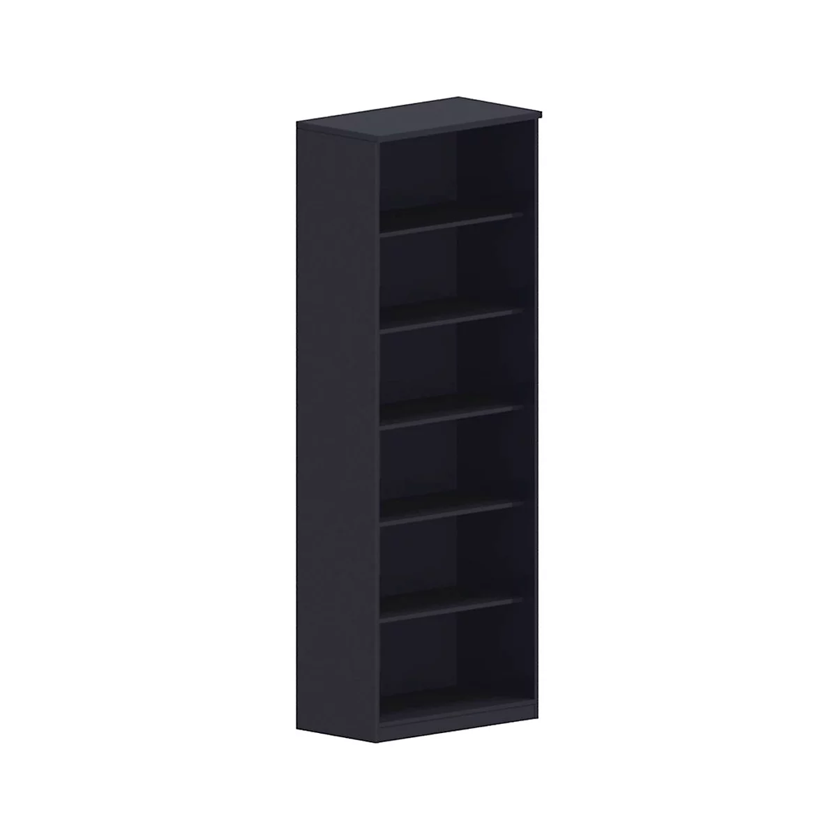Dark blue bookcase with six shelves.