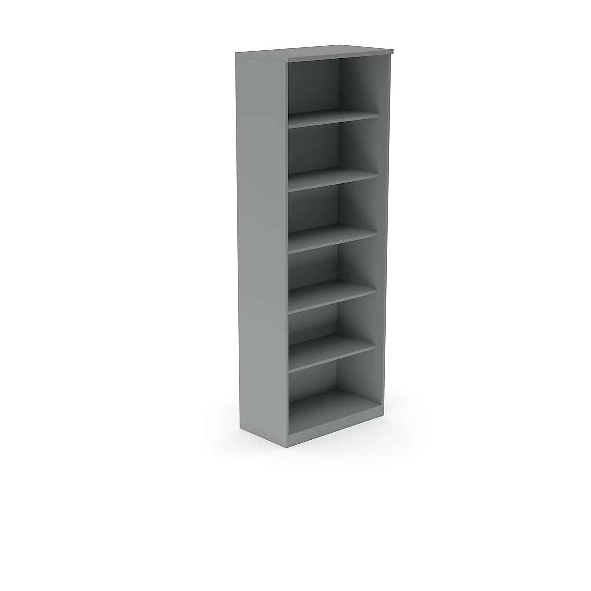 Gray, narrow bookshelf with six open shelves, on a white background.