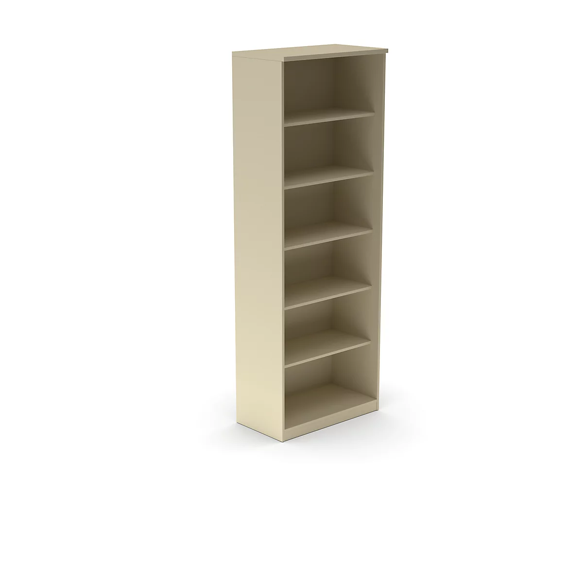 Beige bookcase with six open shelves, isolated against a white background.