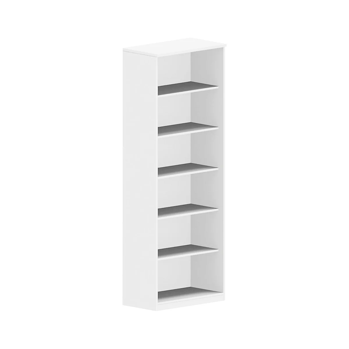 White shelf with six compartments divided by dark bottoms. The shelf is upright.