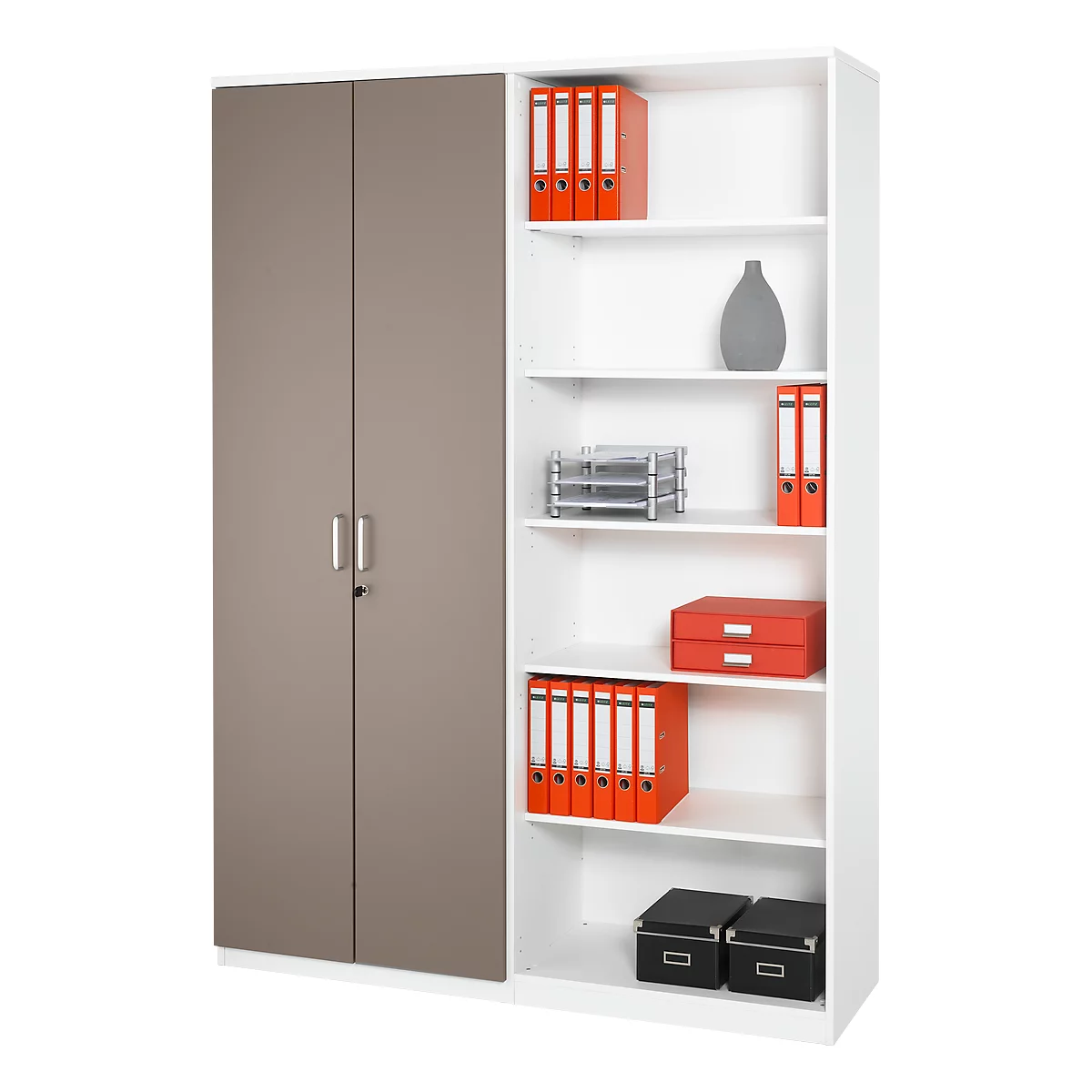 White cabinet with grey doors and open shelving filled with files, office supplies and a grey vase.