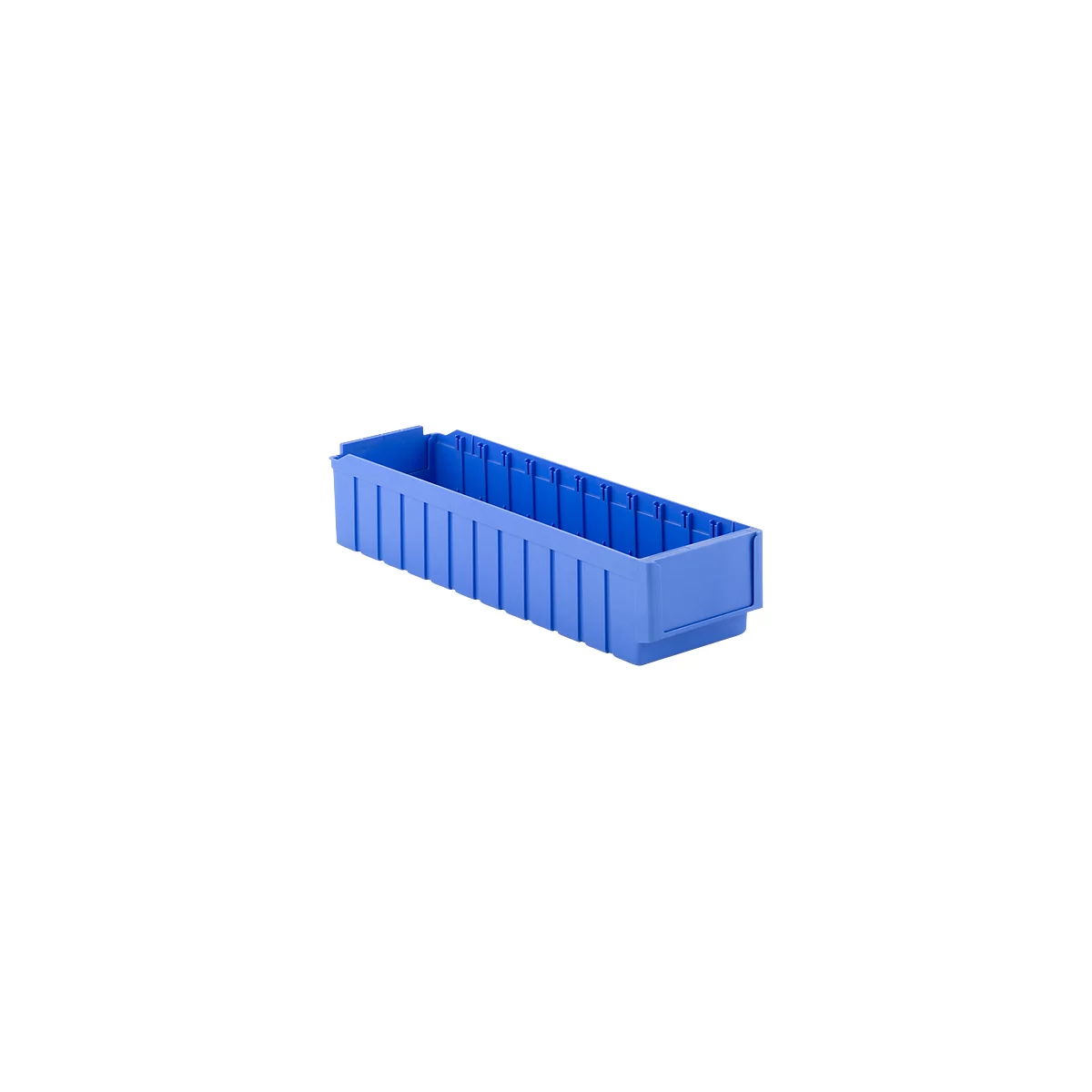 Blue rectangular storage bin with vertical ribs. Open top for easy access.