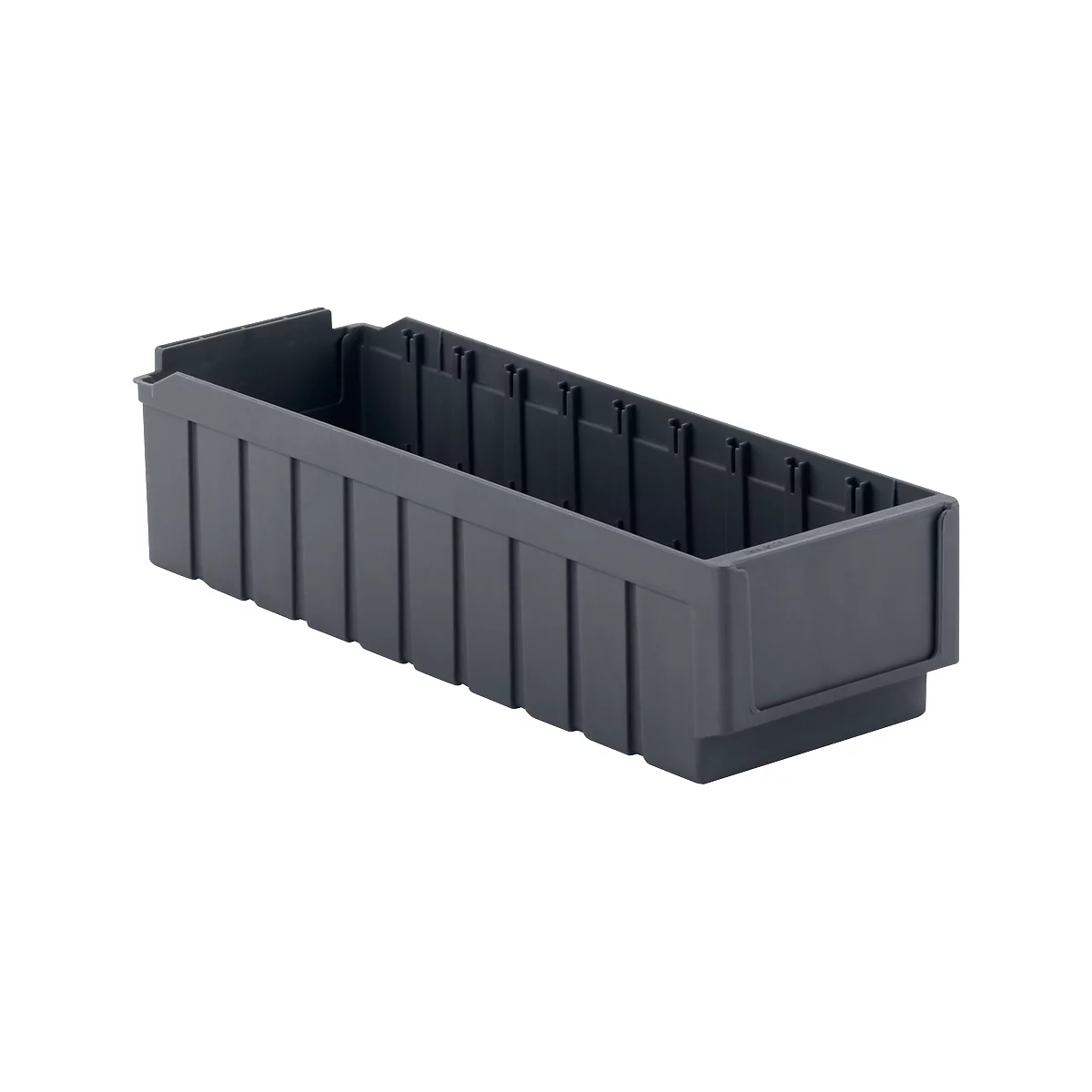 Dark gray rectangular storage box with ribbed sides and a series of slots for labeling.