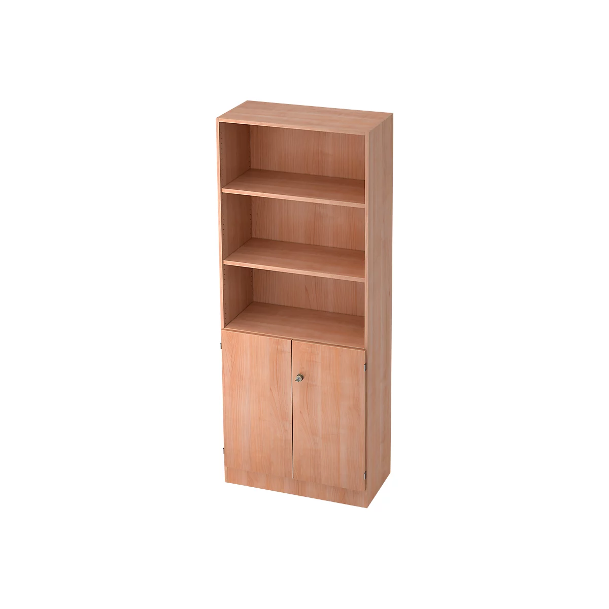 Beige wooden bookcase with open shelves and cabinet doors.