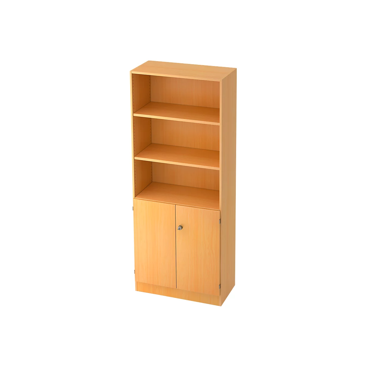 A wooden shelf with compartments and doors. The shelf has three open shelves and a lower section with double doors.