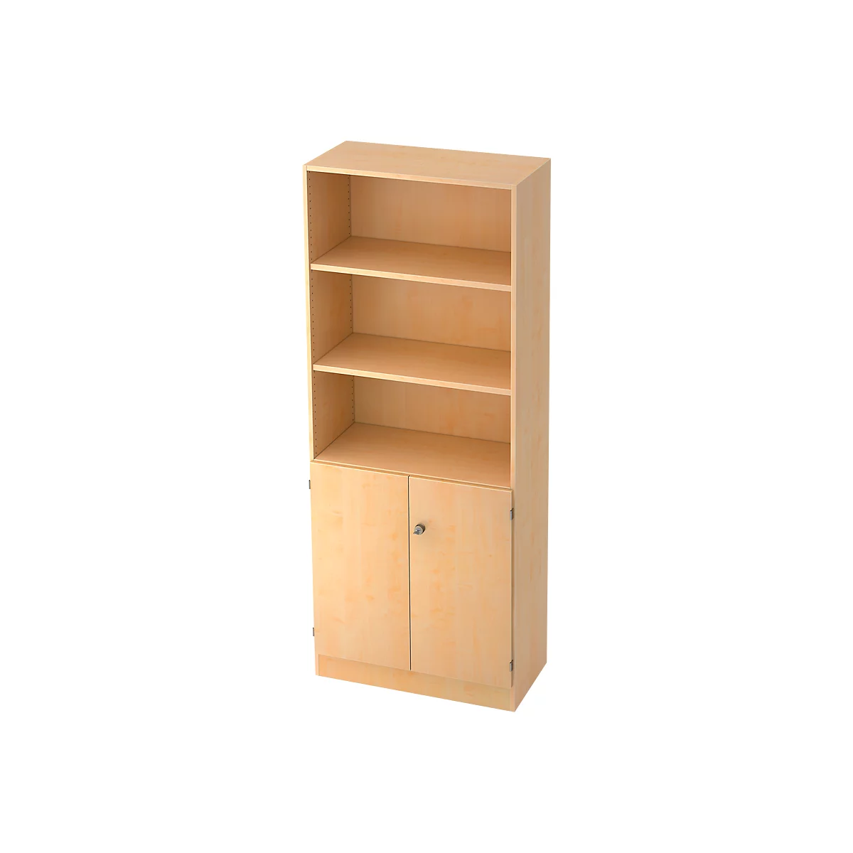 A light wooden bookcase, with open shelves above and cabinet doors below.