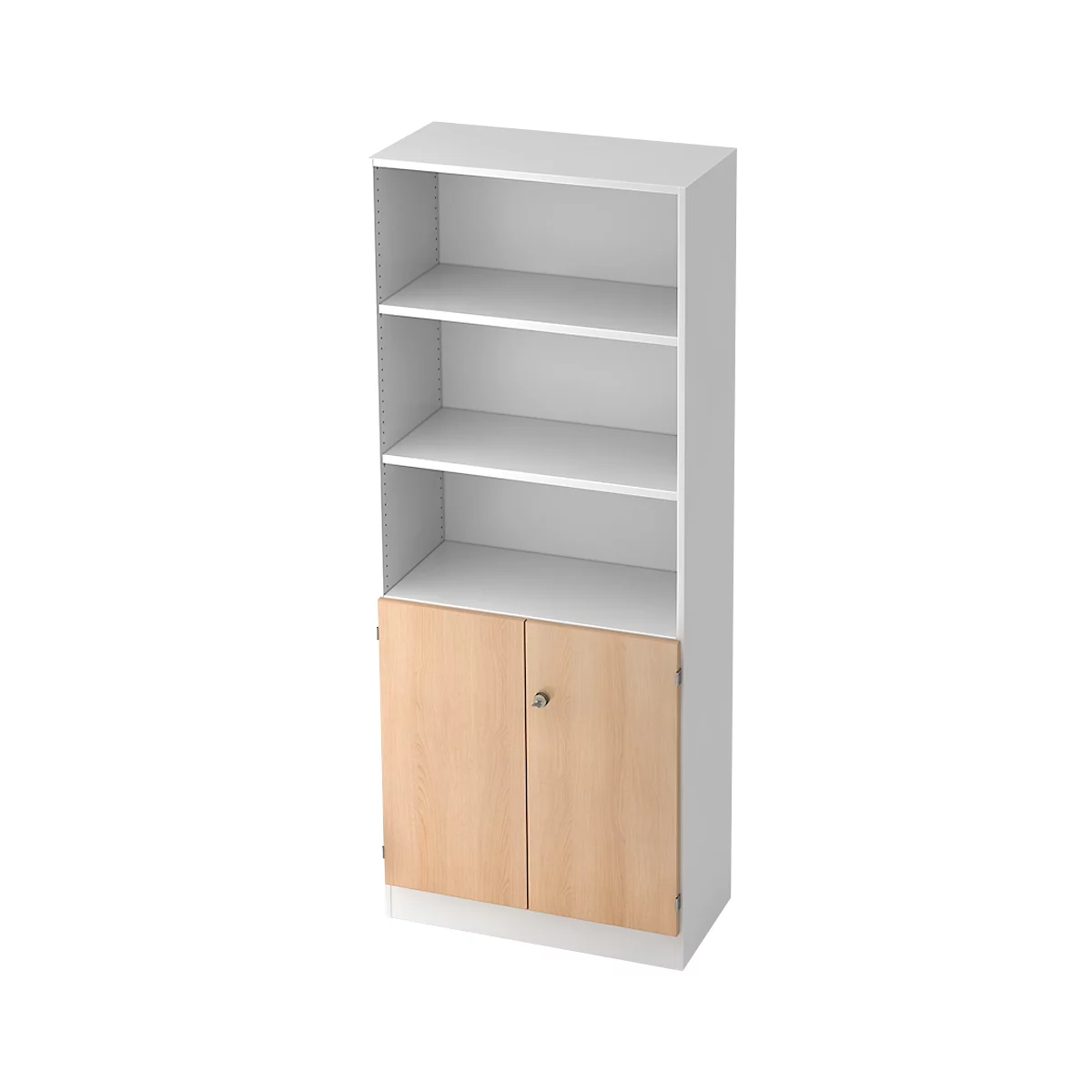 A white bookshelf with three open shelves and two light wood doors at the bottom.