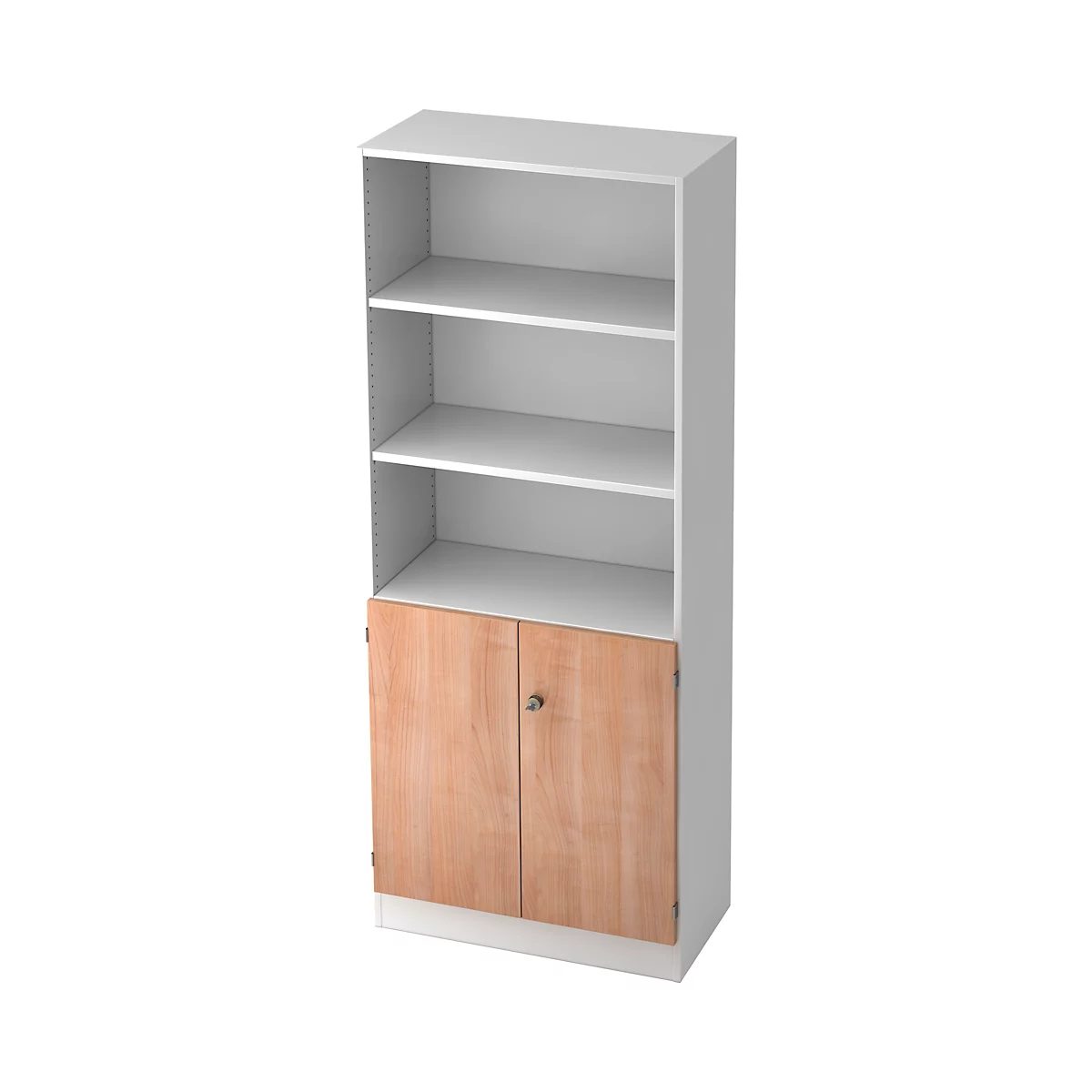 White bookcase with three shelves and wooden-look cabinet doors.