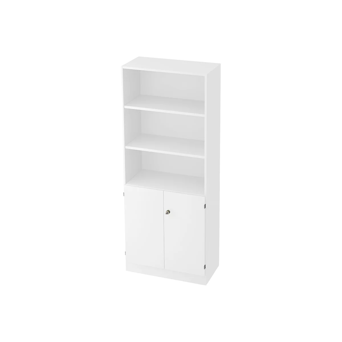 White bookshelf with three open shelves and a cabinet with two doors at the bottom.
