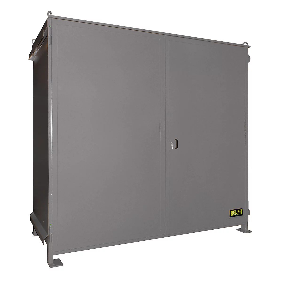 Gray metal cabinet with door and handle, standing on feet. A logo is visible on the cabinet.