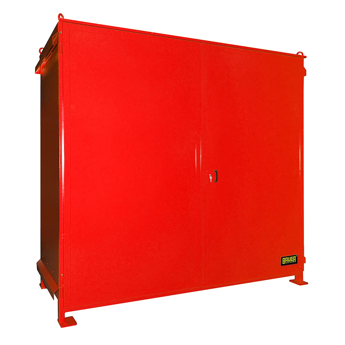 Red, rectangular cabinet. It has a door with a small lock. The top has eyelets and the feet are red.