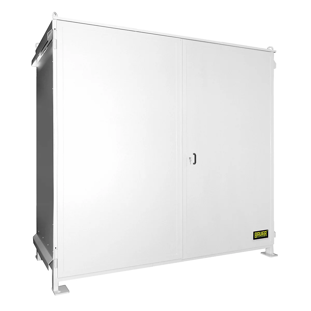 Large, white cabinet with double doors, handle and logo.