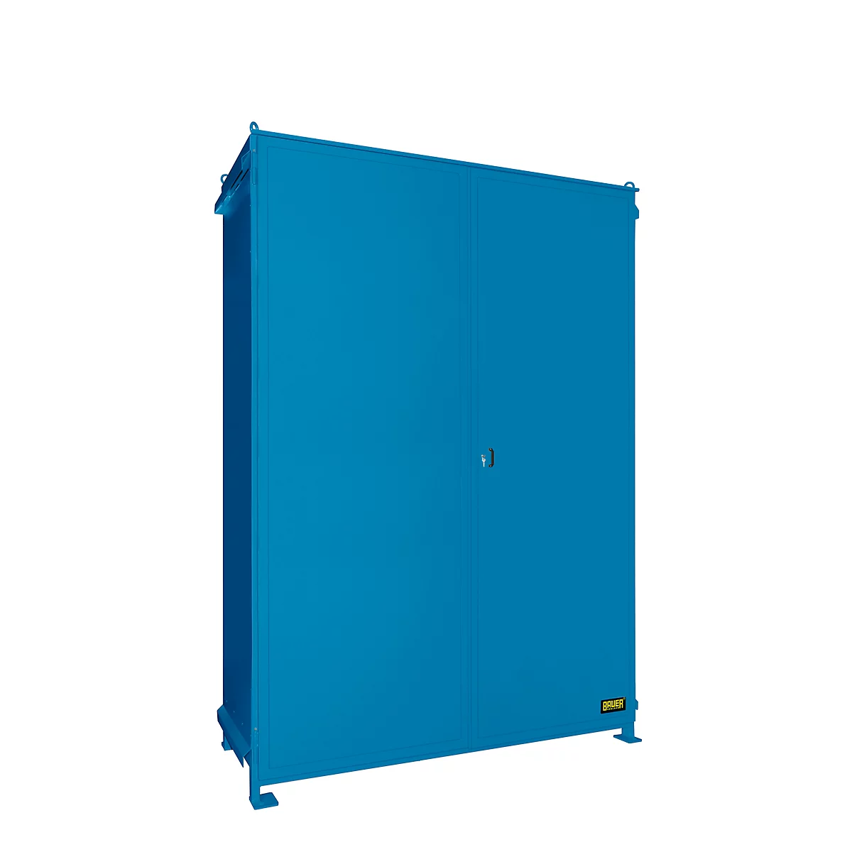 Blue, standing steel cabinet with double doors, handle and feet, against a white background.