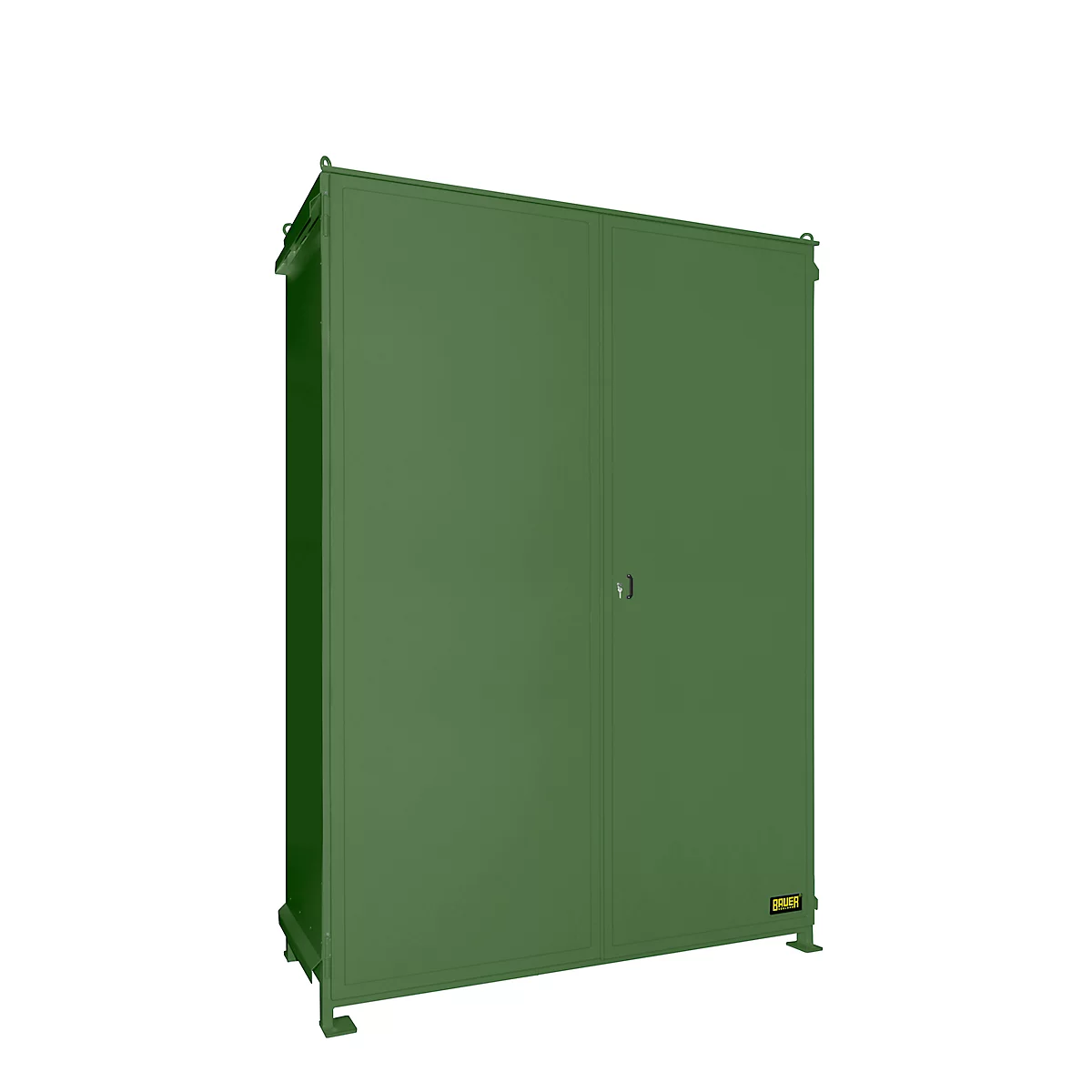 A green cabinet standing against a white background. The cabinet has a door and a round lock.