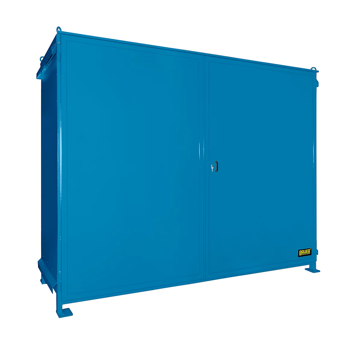 Blue cabinet on a white background. It has a door with a handle, a rectangular shape and stands on feet.