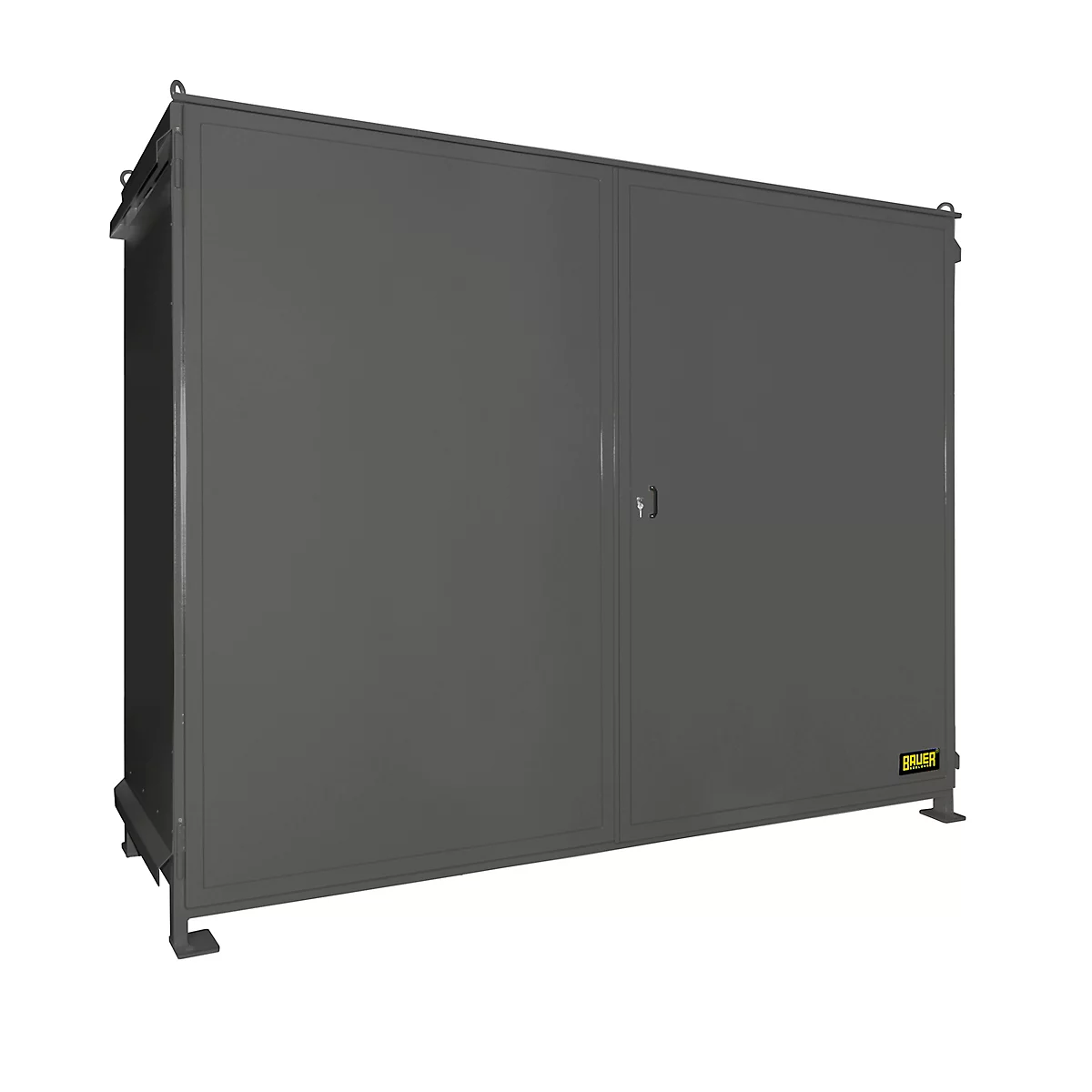 Grey metal cabinet with double doors and small logo on the bottom right.