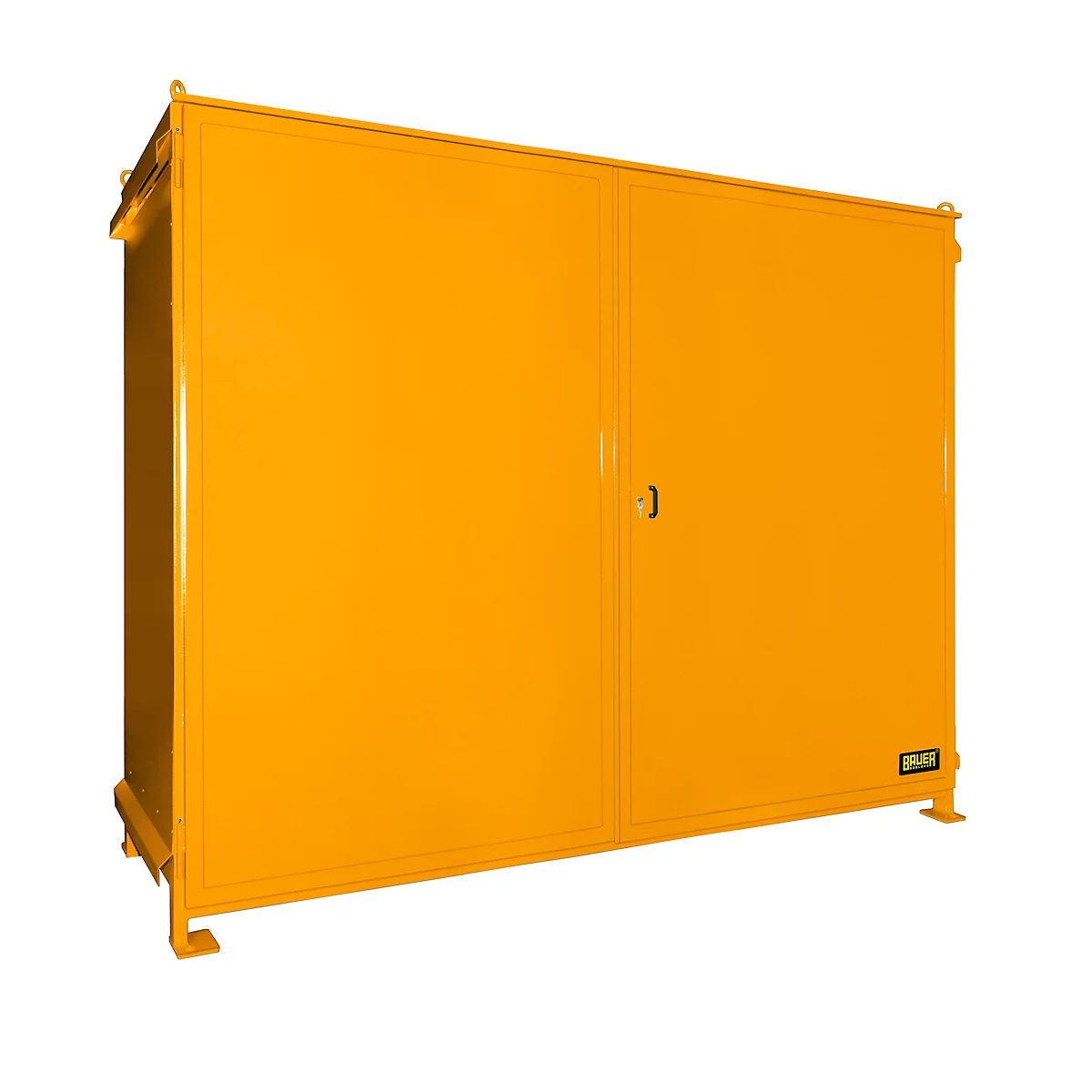 Yellow metal cabinet with double doors, with a handle in the middle. The cabinet stands on legs.