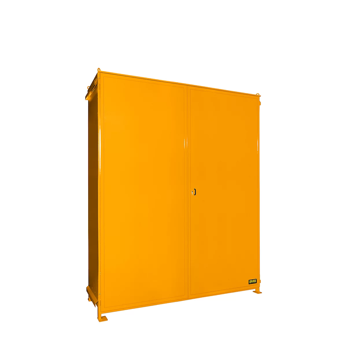 Yellow, large cabinet with double doors, standing upright against a white background.