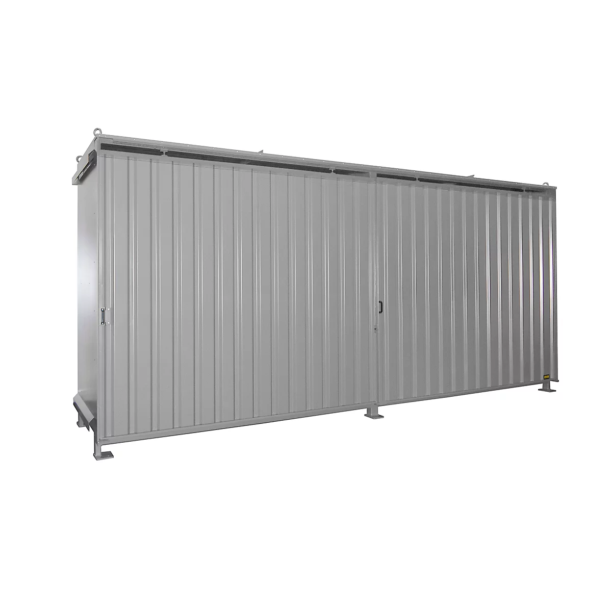 Grey, elongated metal box with vertical grooves, two doors and feet, against a white background.