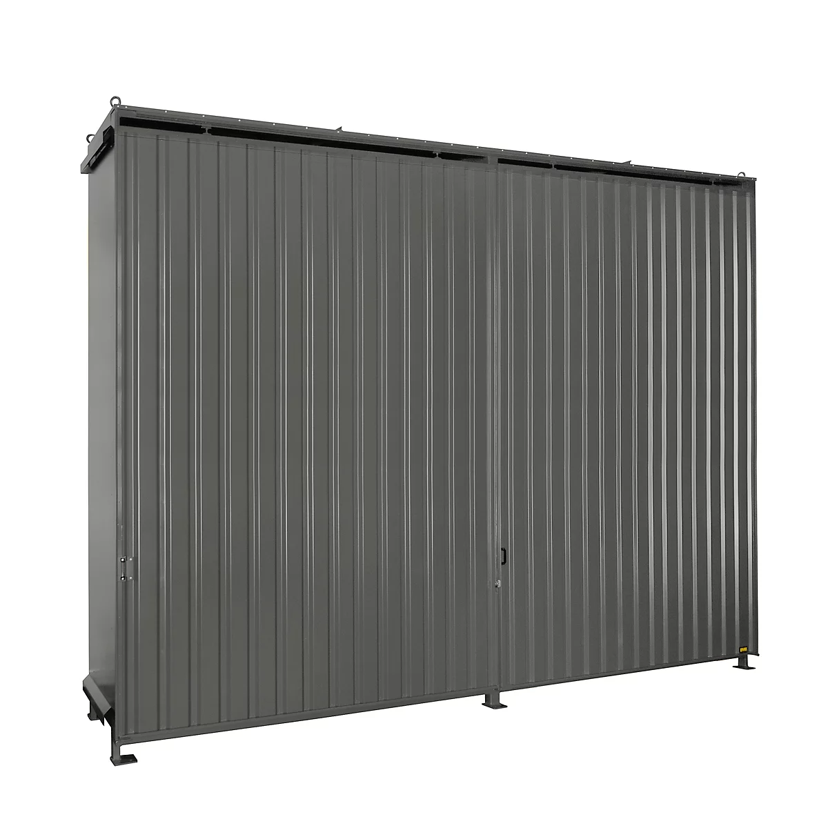 Gray garden shed with vertical grooves. A narrow handle and lock are visible in the middle of the right door.