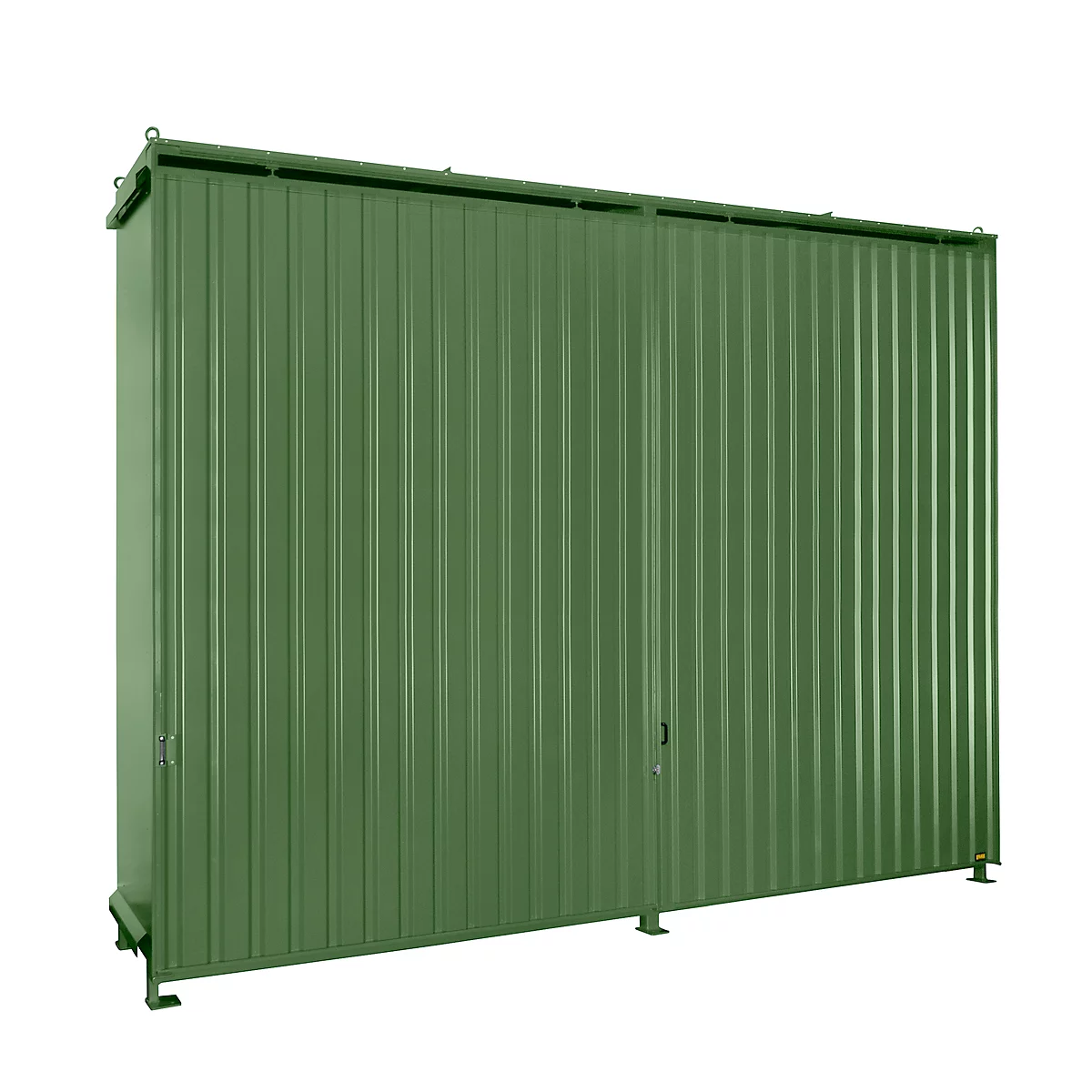 Green metal shed with vertical grooves and door.