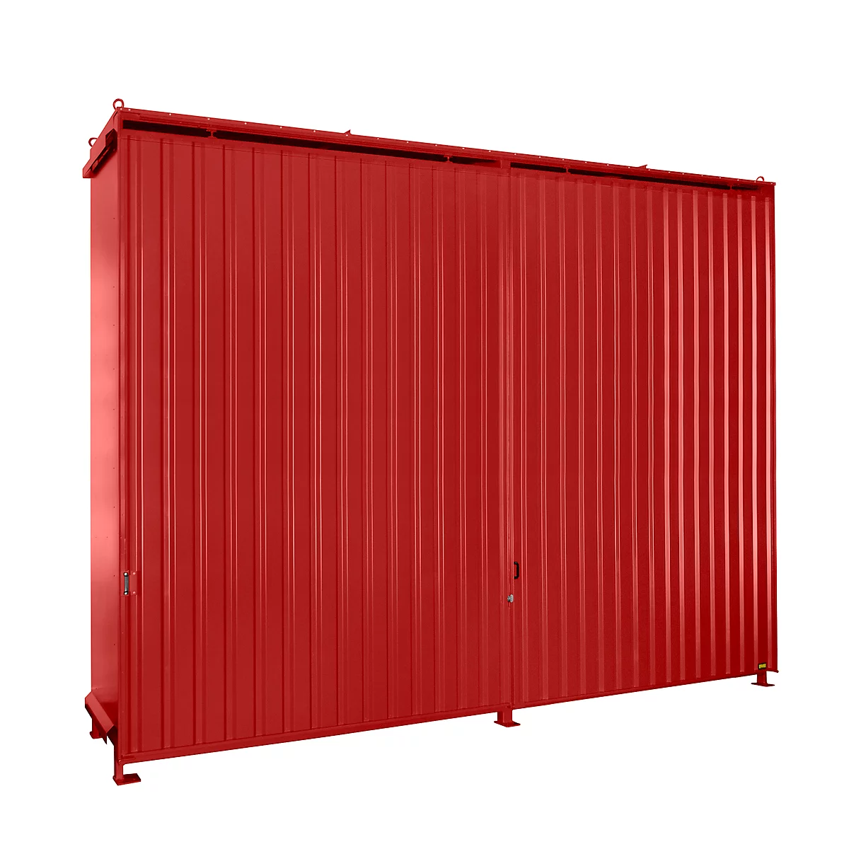 Large, red, corrugated metal box with doors and feet, against a white background.