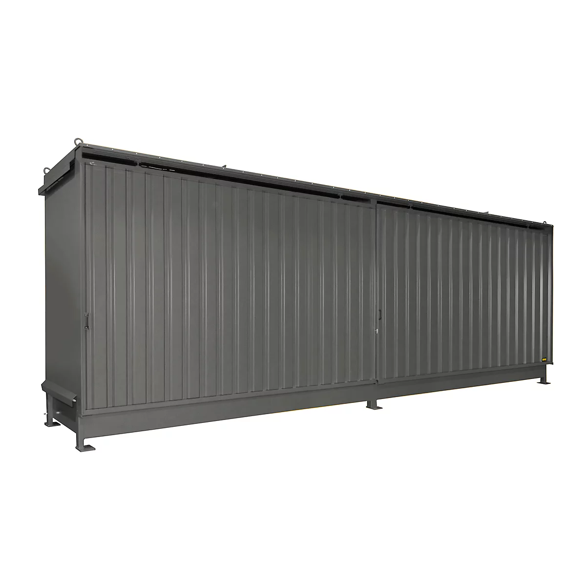 Large gray container, corrugated exterior walls, on legs, against a white background.