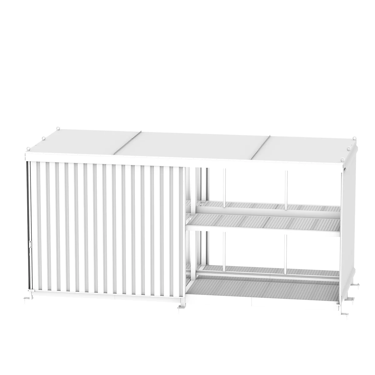 White shelf with two levels and a protective, vertical grid. The left side is closed, the right side open.