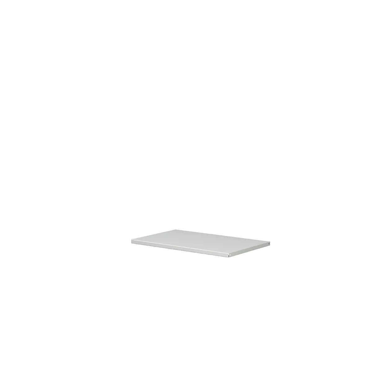 Grey, rectangular shelf on a white background.