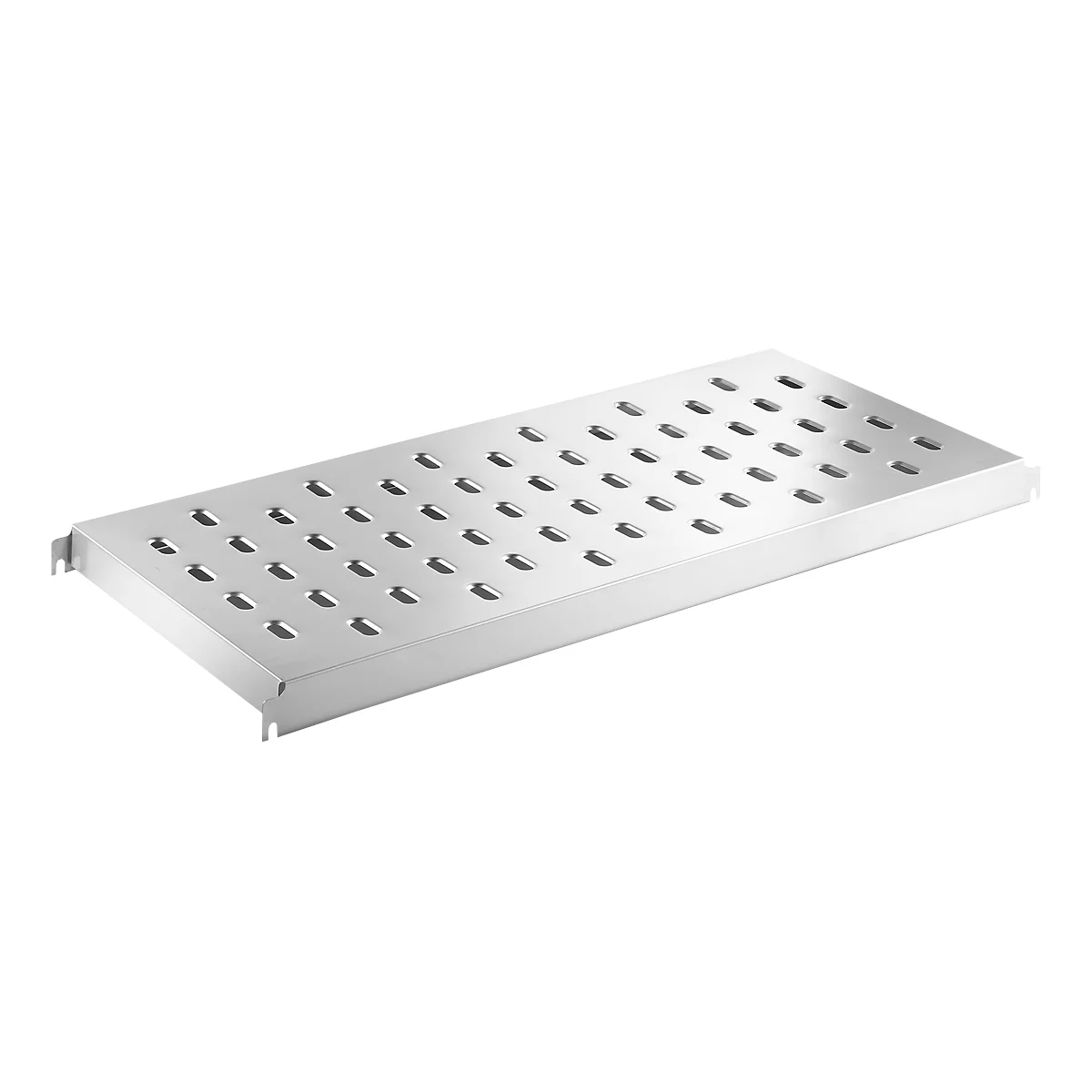A stainless steel plate with many holes. The plate has rounded edges and small metal tabs.